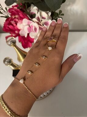 Gold Tone Pink Stone Hand Chain Bracelet - Women Jewelry
